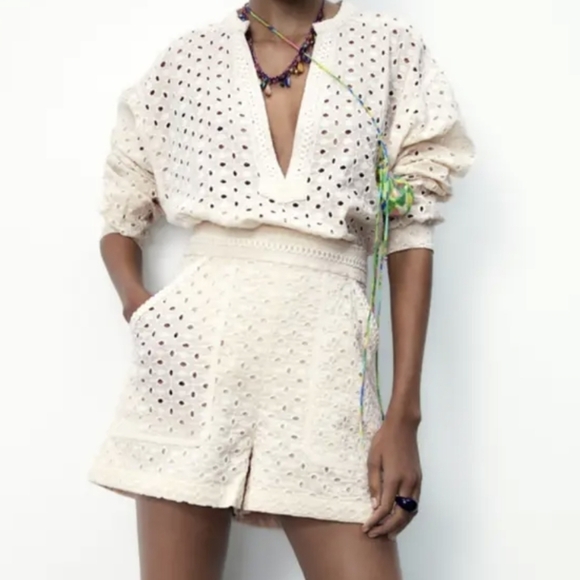 Zara cream beige shorts with cutwork embroidery size Medium Bohemian Cottagecore - Picture 11 of 16